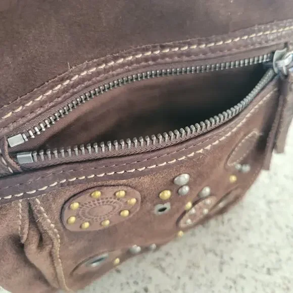 Fossil Brown Leather Suede Crossbody Bag Floral Stud Grommet Applique Full Zip - Picture 8 of 15
